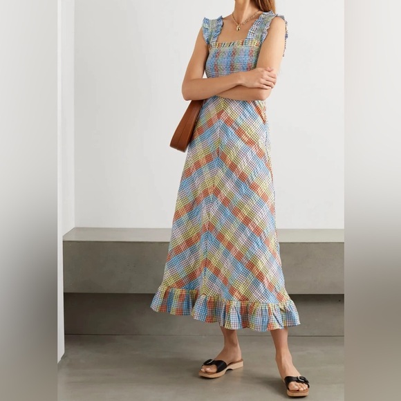 Ganni Dresses & Skirts - GANNI Multicolor Seersucker Check Mid Length Dress Size EU 36/ US 4 EUC
